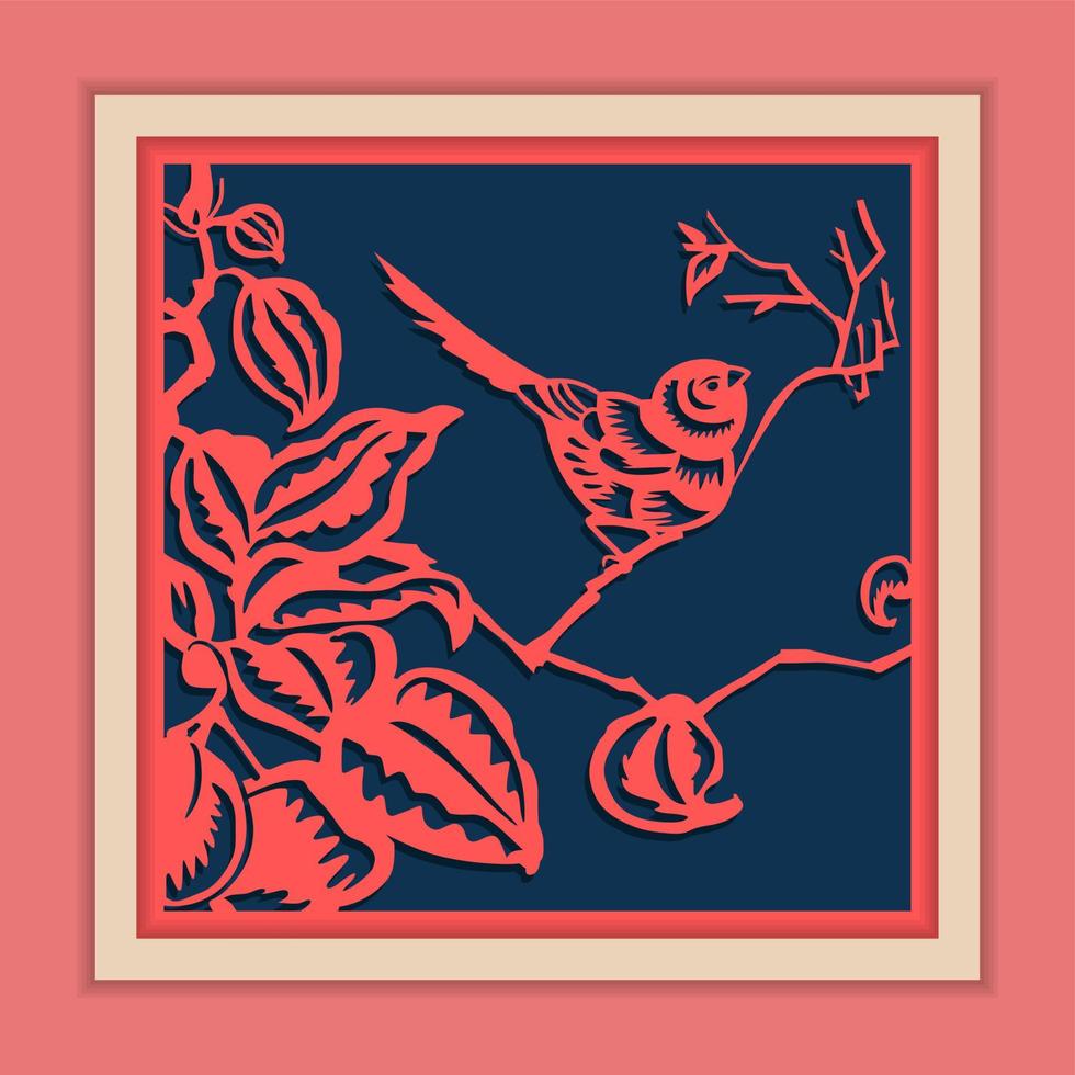 Vector Traditional Framed Chinese Paper Cutting Art, Classic Blue and Pink.