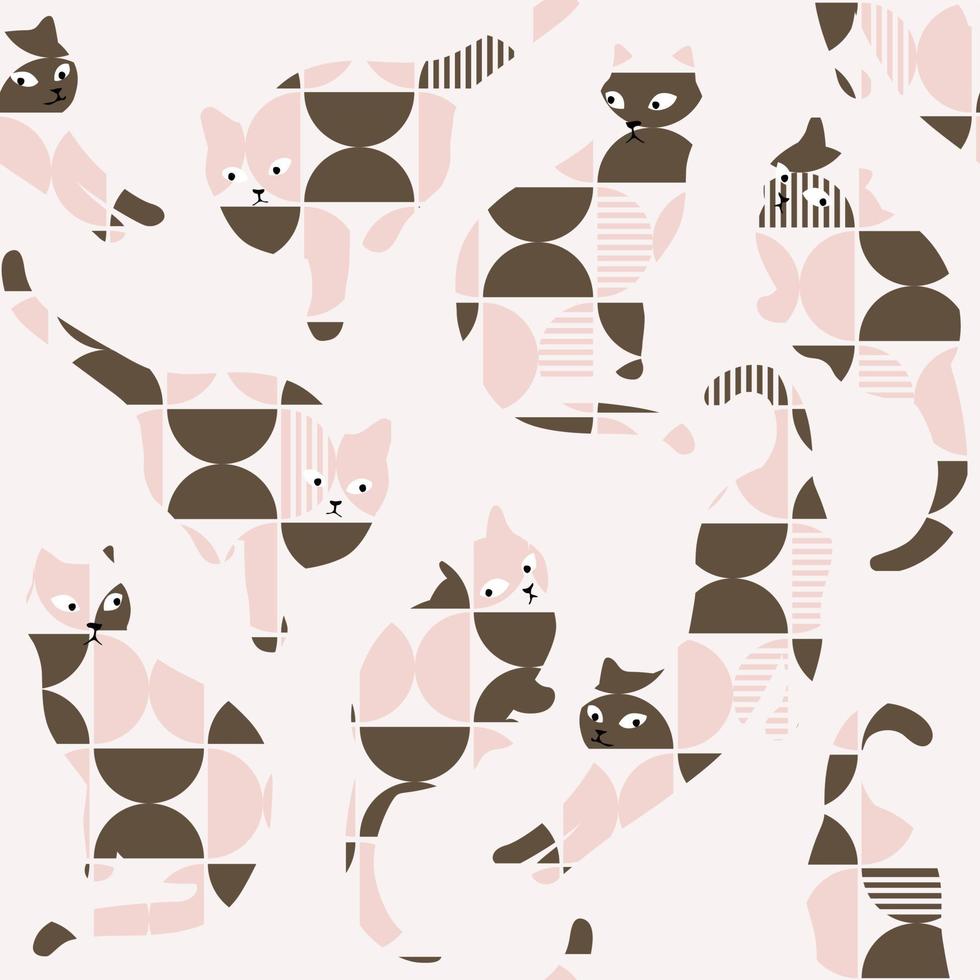 Retro Abstract Geometric Cat Silhouette Seamless Pattern, Pink and Brown. vector