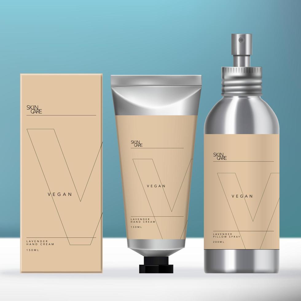 Vector Aluminum Beauty Packaging Set with Screw Cap Aerosol Spray Bottle, Metallic Silver Tube and Carton Box Design.