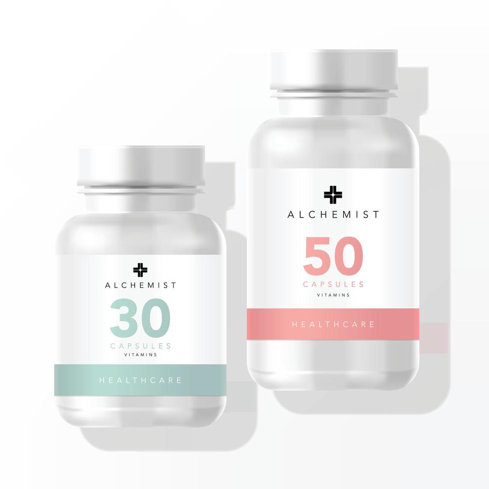 Vector Minimal Design Medical, Beauty, Therapy, Supplement or Vitamin Pills or Capsules White Plastic Jar or Bottle