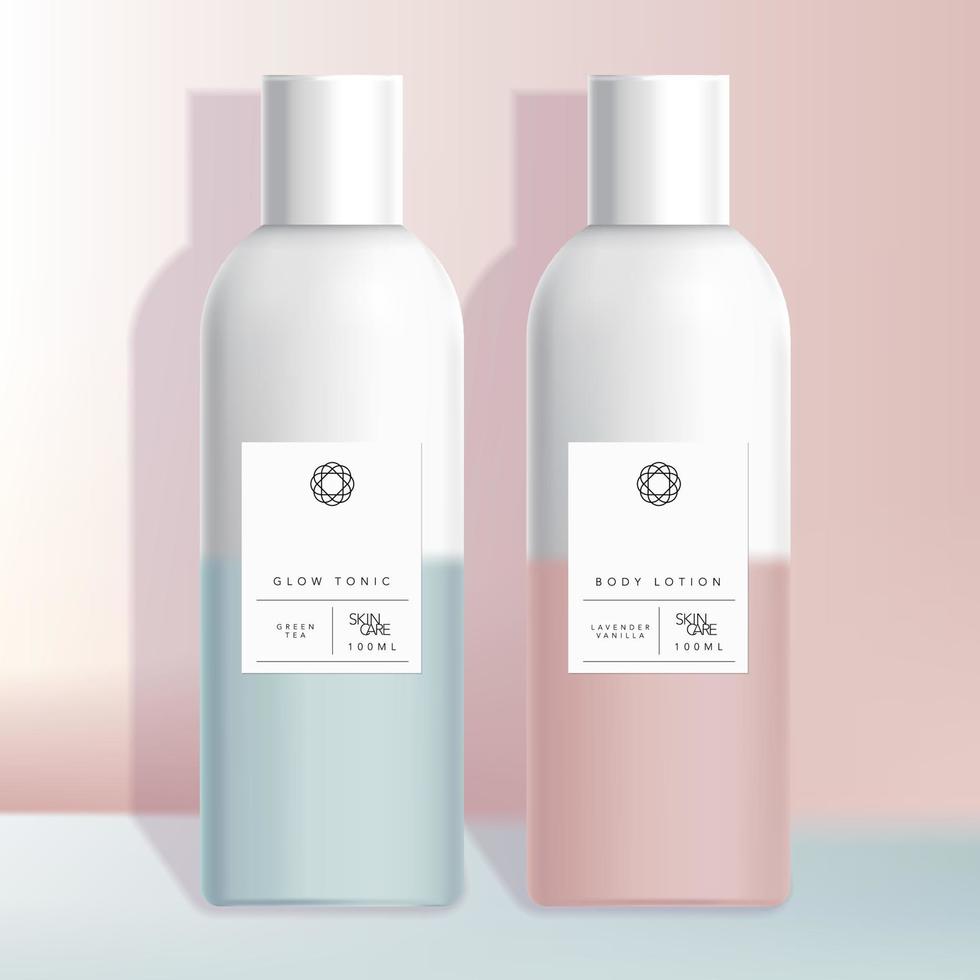 Vector Healthcare, Medical, Toiletries, Hair Care or Skincare Beauty Boston Bottle with Pastel Pink or Blue Gradient Minimal Design