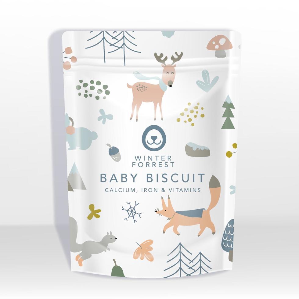 Vector White Pouch or Sachet Packaging Mockup with Animals Pattern Printed