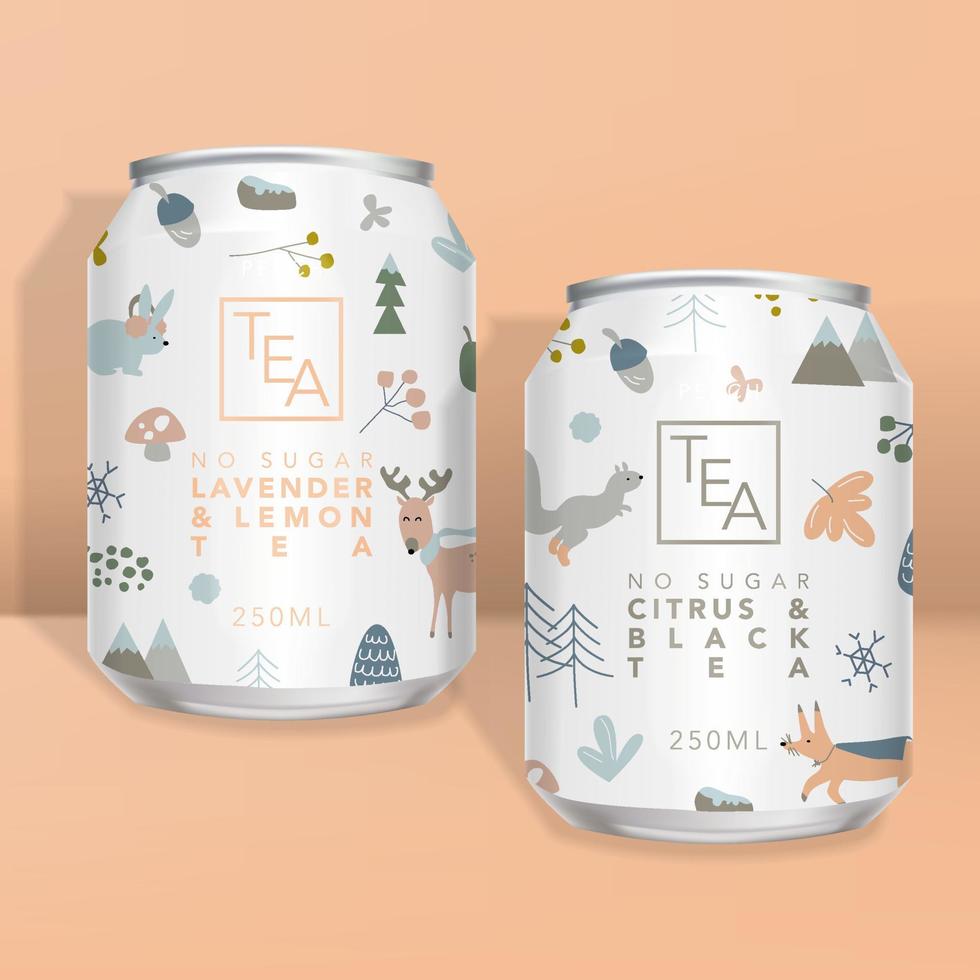 jugo vectorial, refrescos, envases de latas de té o café, animales del bosque de invierno diseño mínimo vector