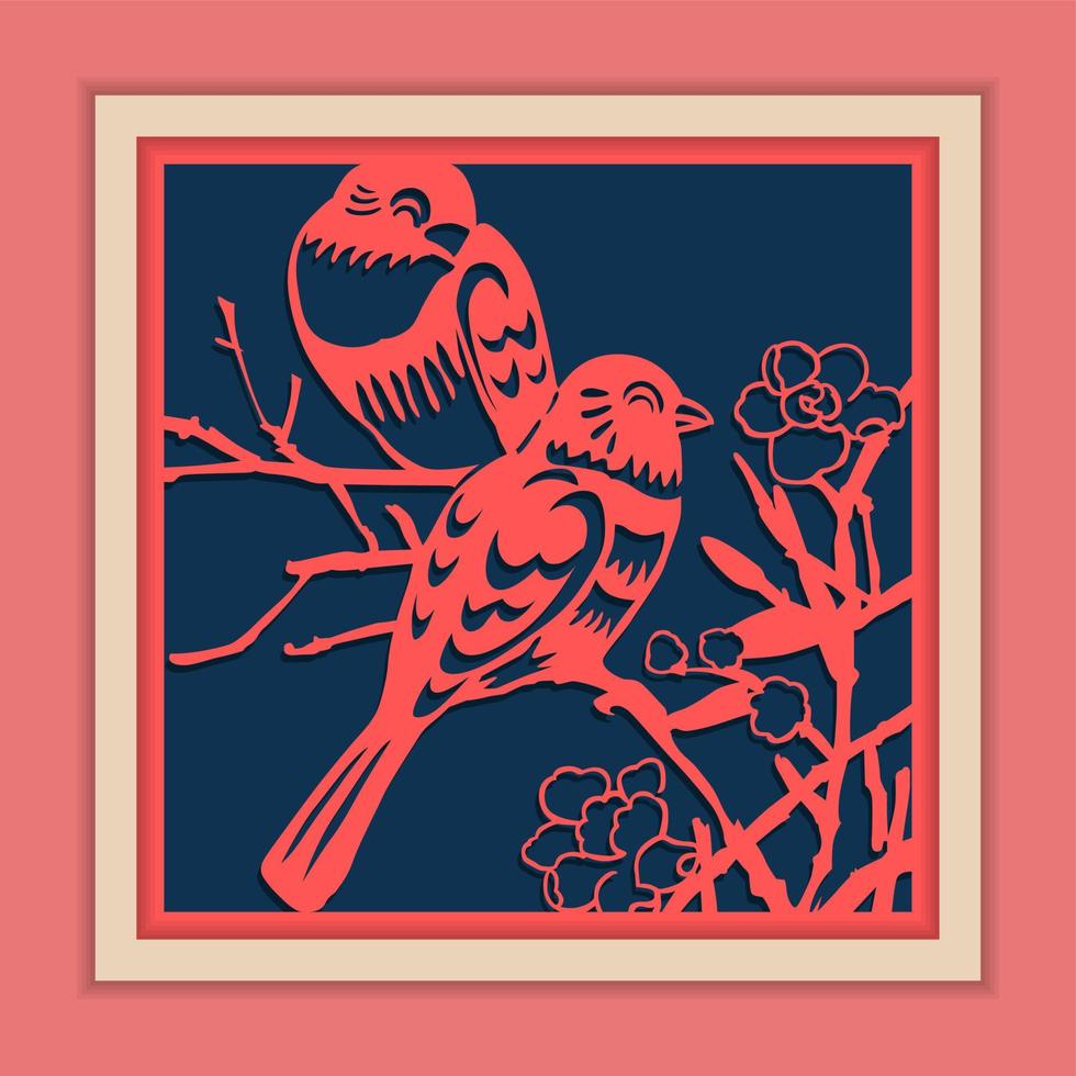 Vector Traditional Framed Chinese Paper Cutting Art, Classic Blue and Pink.
