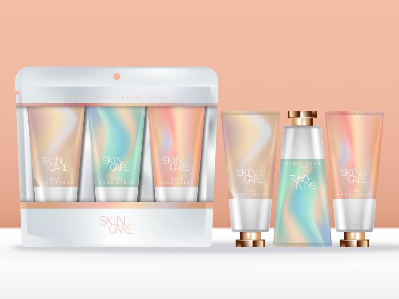Vector Pastel Abstract Printed Hand Cream Trio Set in Clear and White Packet, Silver Liner.
