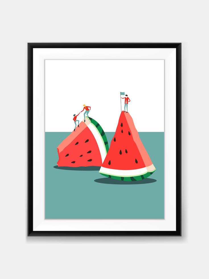 Vector Mini People and Watermelon Painting on Wall with Black Frame