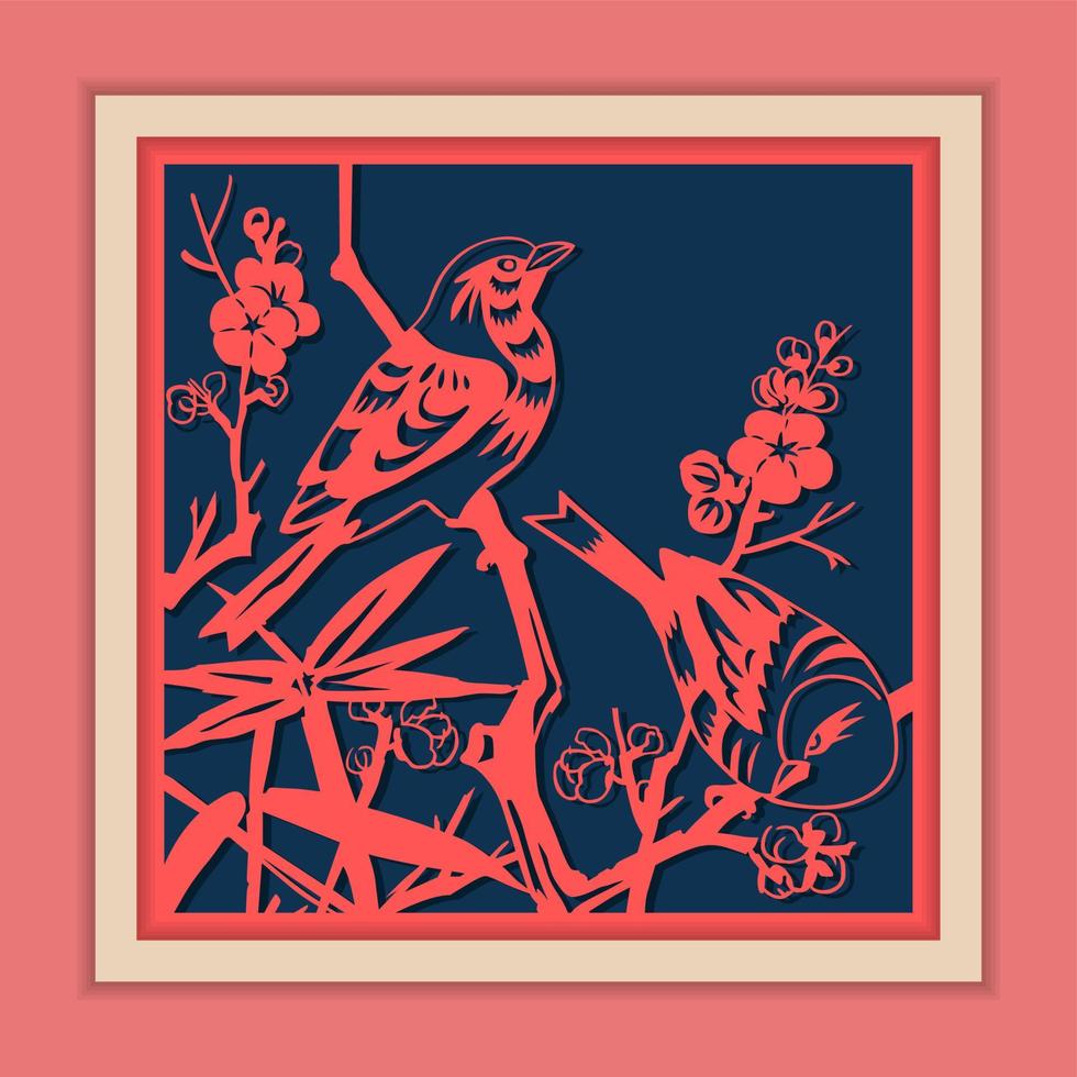 Vector Traditional Framed Chinese Paper Cutting Art, Classic Blue and Pink.