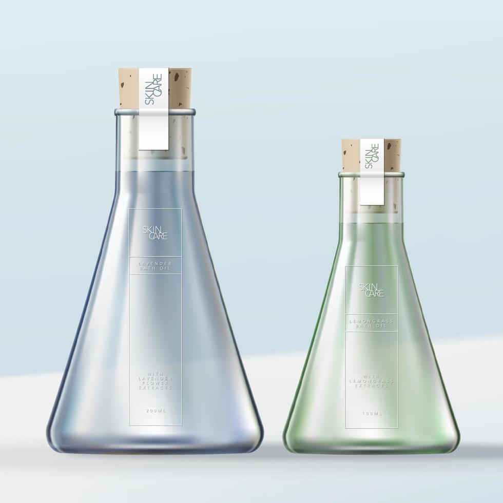 frasco de vidrio de laboratorio vectorial botella de aceite de baño o recipiente de baño de burbujas con tapón de corcho vector