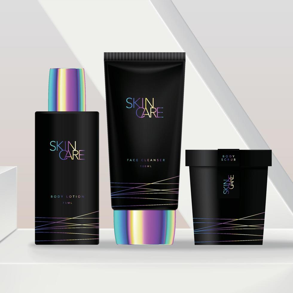Vector Dark or Black Holographic Skincare or Beauty Cosmetics Make-up Packaging Set with Bottle, Tube and Recyclable Paper Jar. Minimal Geometric Platform Background.