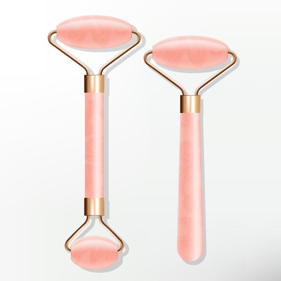 masajeador facial de rollo de cristal de cuarzo rosa natural de moda vectorial con metal chapado en oro vector