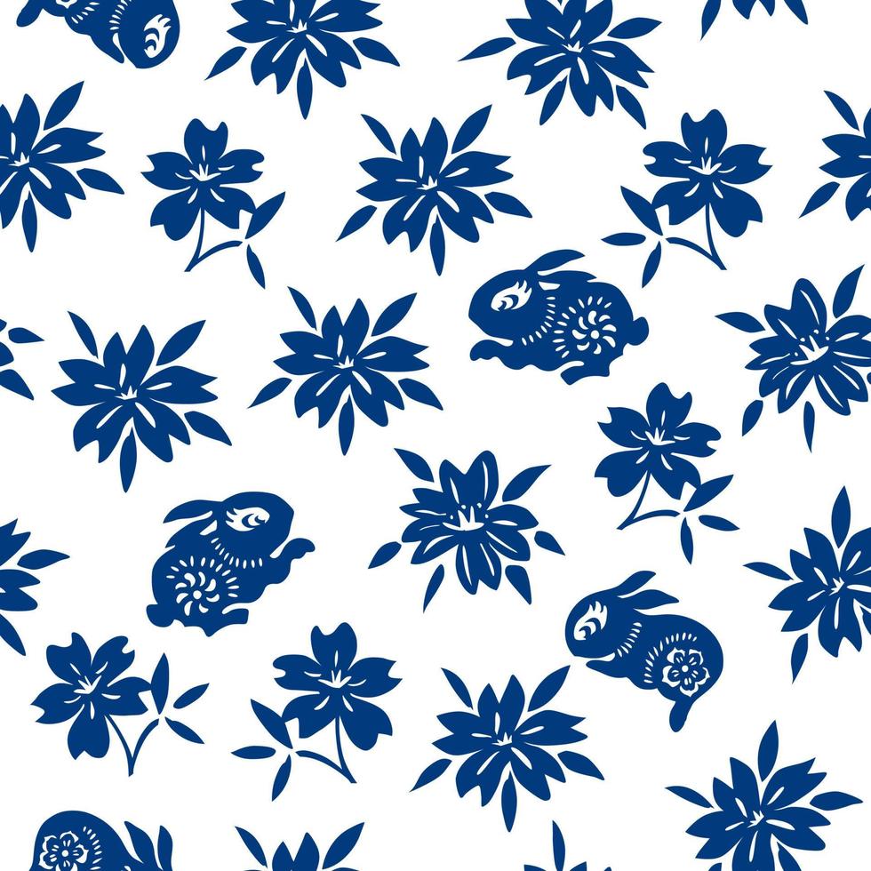 Vector Chinese Classic Blue Traditional Paper Cutting or Porcelain Seamless Pattern. Rabbit and Floral Pattern.