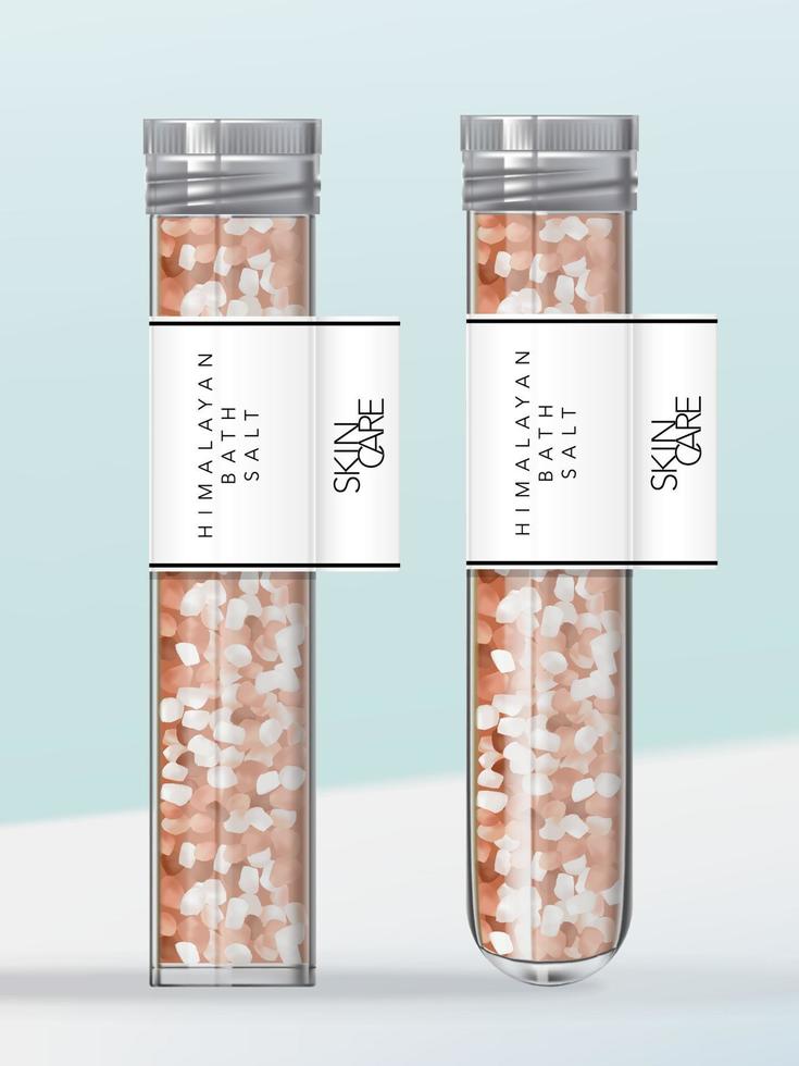 Vector Bath or Seasoning Pink Himalayan Salt in Flat or Round Base Test Tube Packaging. Transparent Glass or Plastic with Metallic Silver Screw Cap.