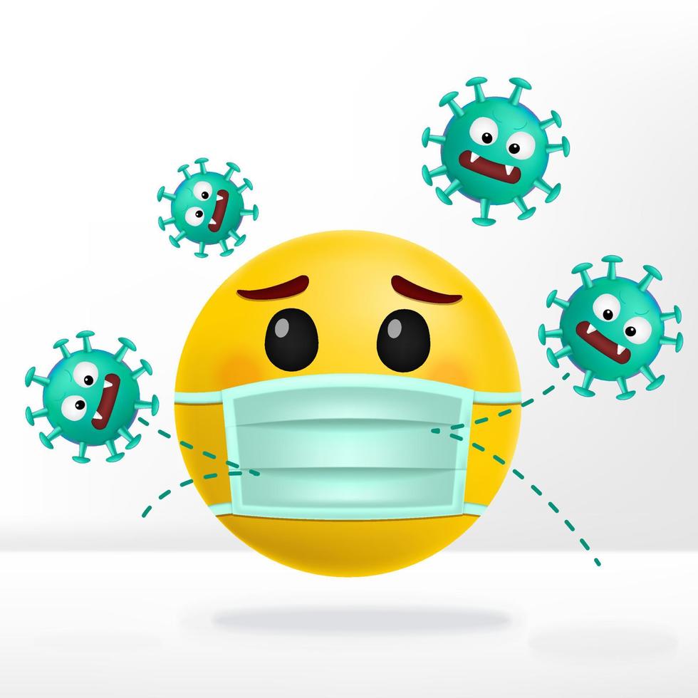 Vector Corona Virus or Anti Bacterial Cartoon Emotion with surgical mask.