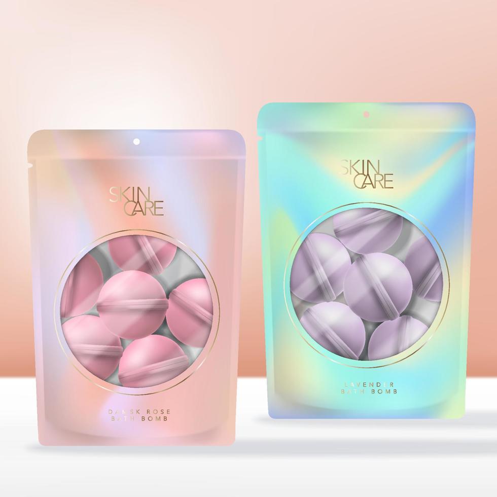 bomba de baño perfumada vectorial en bolsa con cierre de cremallera impreso abstracto iridiscente, bolsita o paquete con ventana redonda transparente. vector