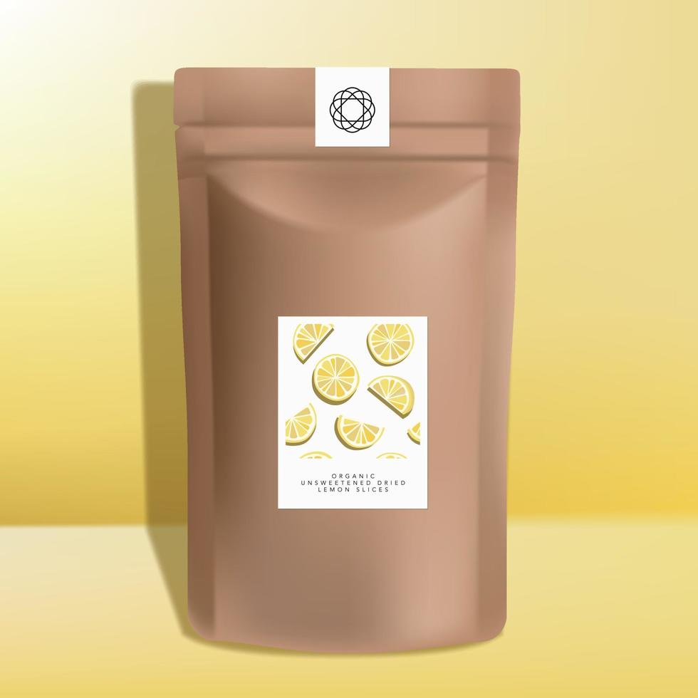 bolsa de cremallera de papel kraft vectorial o embalaje de bolsita, diseño de aperitivos de rodajas de limón secas vector