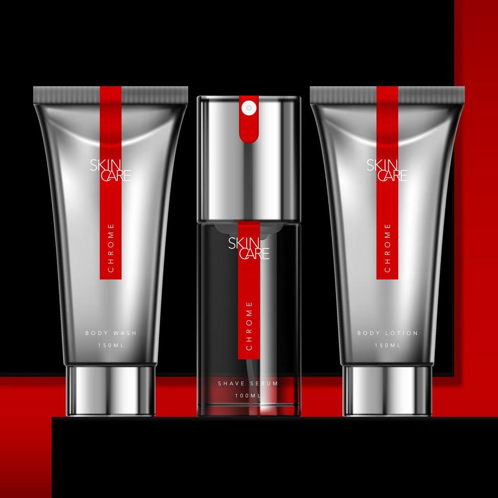 Vector Mens Toiletries Chrome Design Packaging with Tube and Pump Bottle. Minimal Geometric Black and Red Background.