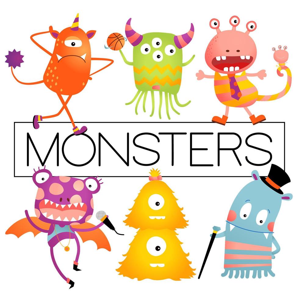 Vector Baby or Kids Design Elements, Colorful Happy Monster Set.