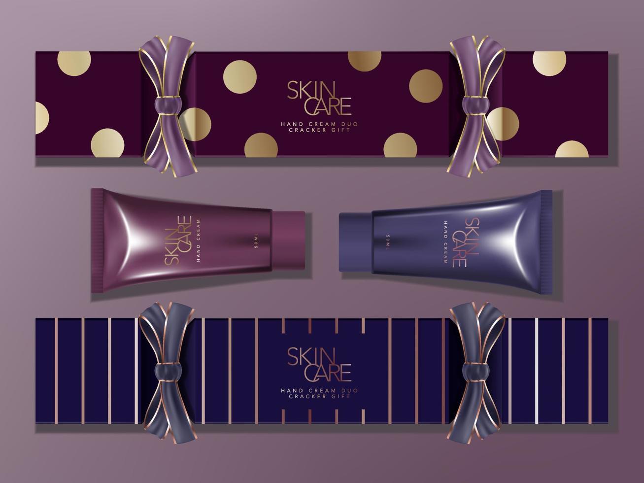 Vector Seasonal Gift Cracker Box Packaging with Grosgrain Ribbon. Blue and Purple, Stripe and Spot Pattern. Metallic Hand Cream Tube.