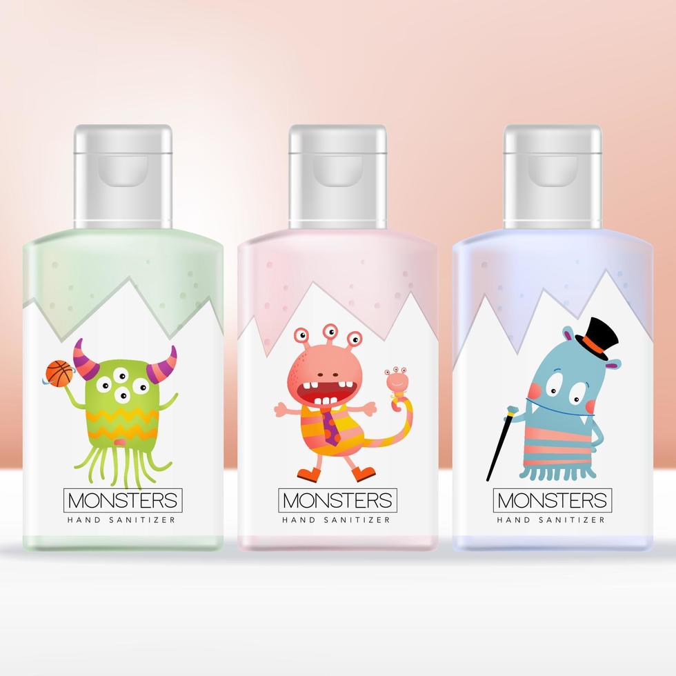 Vector Kids or Children Hand Sanitizer Bottle Packaging with Monster Illustration Pattern Printed. Pink, Green and Blue.