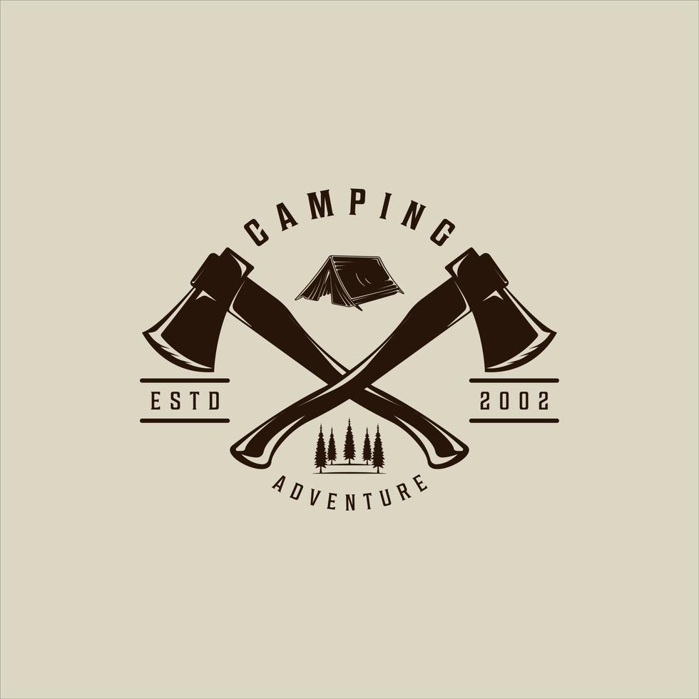 ejes cruzados camping logo vector vintage ilustración plantilla icono diseño gráfico. signo o símbolo del bosque del campamento natural para el concepto de viaje al aire libre con estilo de tipografía retro