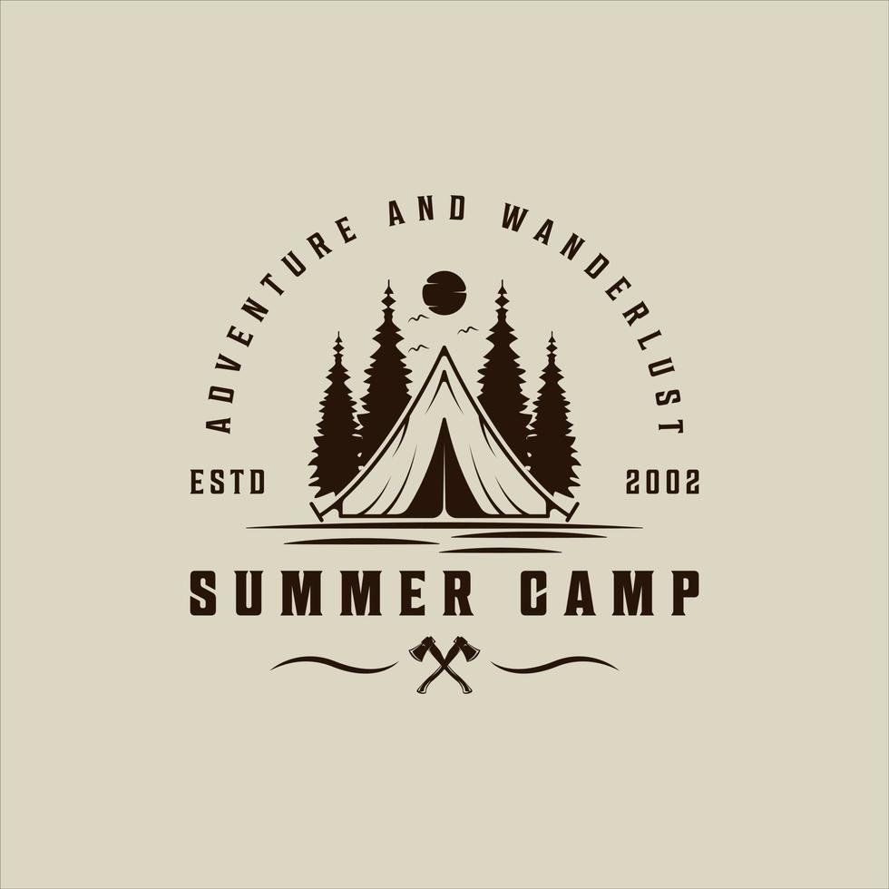 acampar en el bosque logo vector vintage ilustración plantilla icono diseño gráfico. signo o símbolo de campamento de naturaleza al aire libre para aventuras de viaje con estilo de tipografía retro