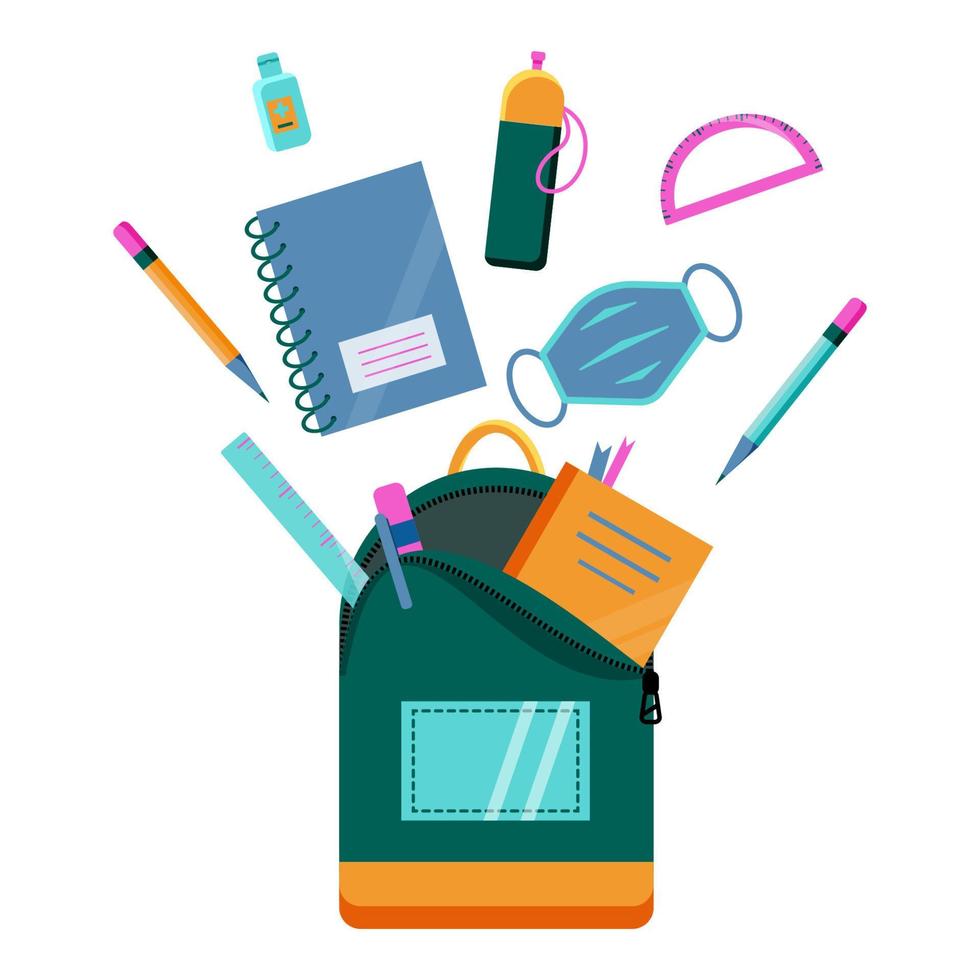 School or college or university items flying over backpack.  Stationary, books, face mask and sanitiser. Flat design. Vector illustration.