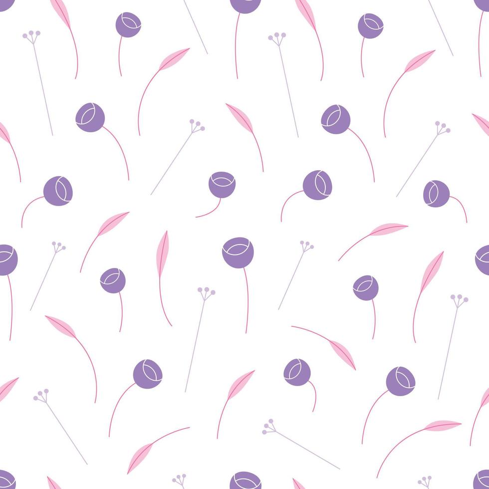 Seamless pattern of abstract tiny minimalist violet flowers with pink leaves.Cute floral background with delicate little pastel flower. Modern hand drawn small flowers for paper, textile. Simple print vector