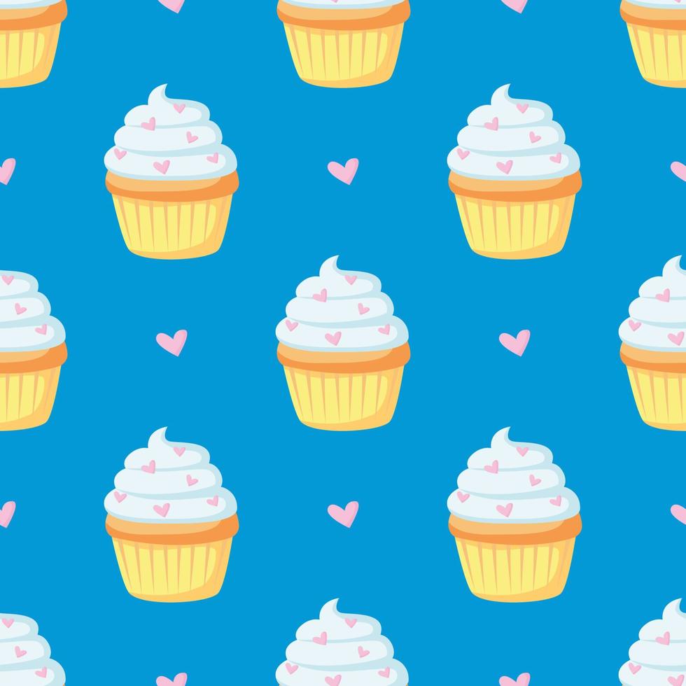 Seamless pattern of cute cupcake with blue creame, pink hearts in cupcake paper. Cream pastries with powder. Cute sugar desserts. Bakery shop, sweet products, cooking. Hand drawn flat cupcake. vector