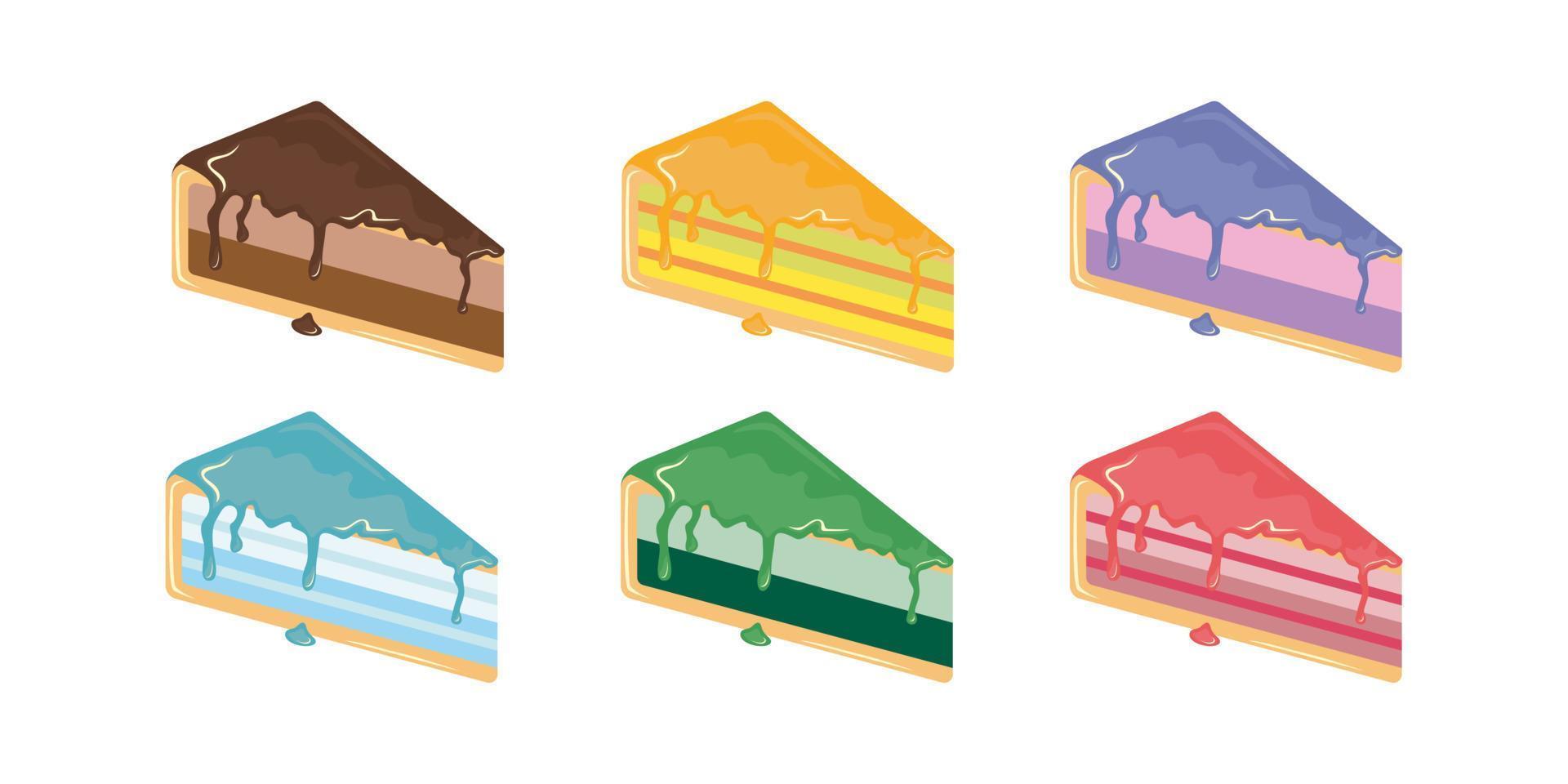 juego de 6 rebanadas de pastel de queso con diferentes sabores. chocolate, arándano, baya de menta, frambuesa, gelatina, mora, limón. postre dulce lindo tradicional. ilustración aislada. vector