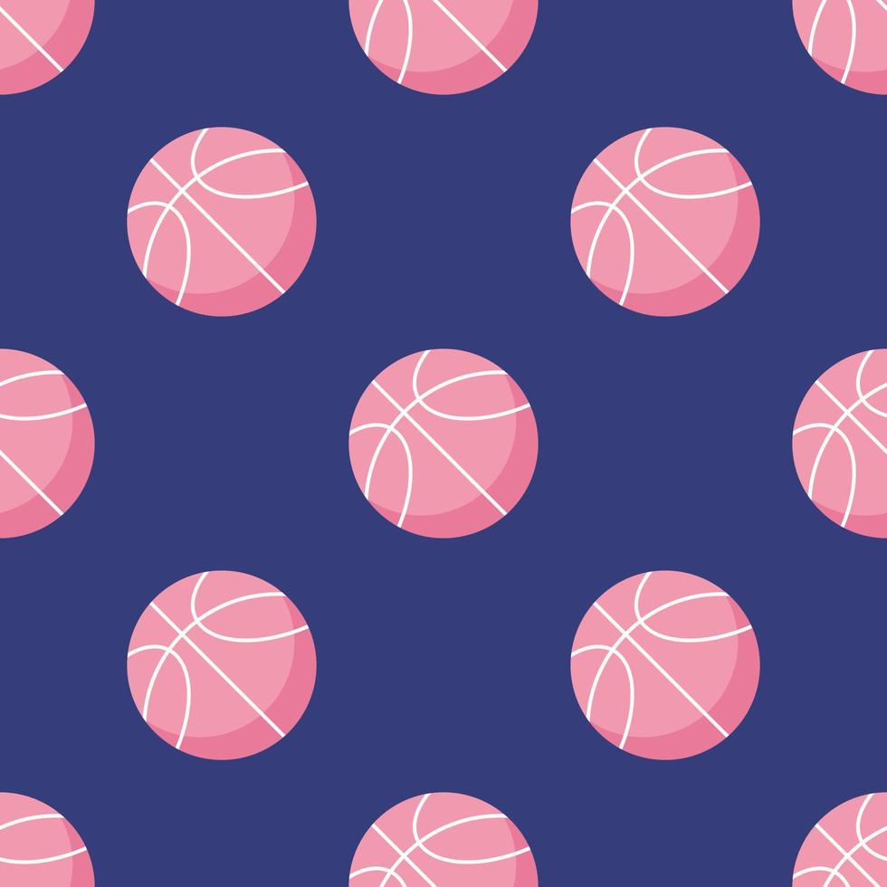 Seamless pattern of pink basketball ball on blue. Game, team sports. Popular sport basket balls leather. Fitness, healthy, workout background. Hand drawn cartoon flat illustration. vector