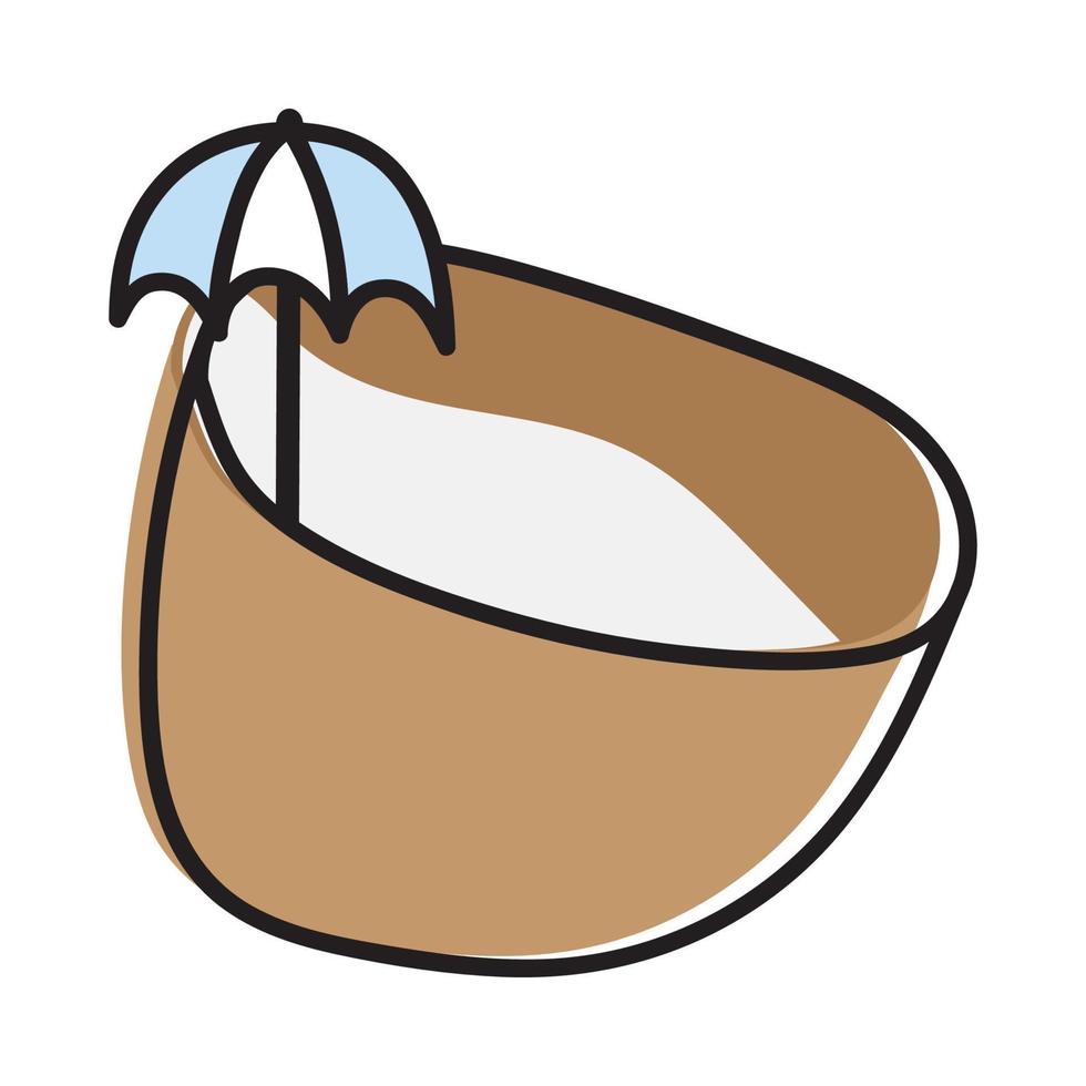 Hand drawn cute summer cartoon illustration of coconut cocktail with straw. Flat vector exotic drink sticker in simple colored doodle style. Fresh beverage icon or print. Isolated on white background