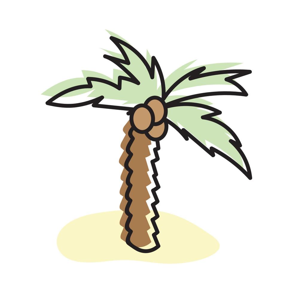 Coconut palm tree colour isolated on a white background hand drawn illustration. Icon, sign. Art logo design. vector