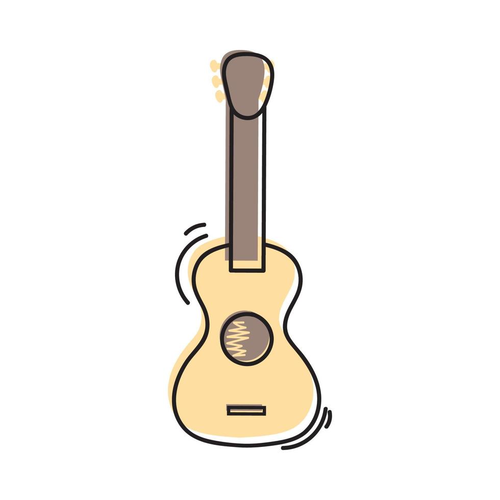 Vector illustration. Hand drawn doodle of classical guitar. String plucked musical instrument. Small acoustic guitar or ukulele. Blues or rock equipment. Cartoon sketch. Isolated on white background.