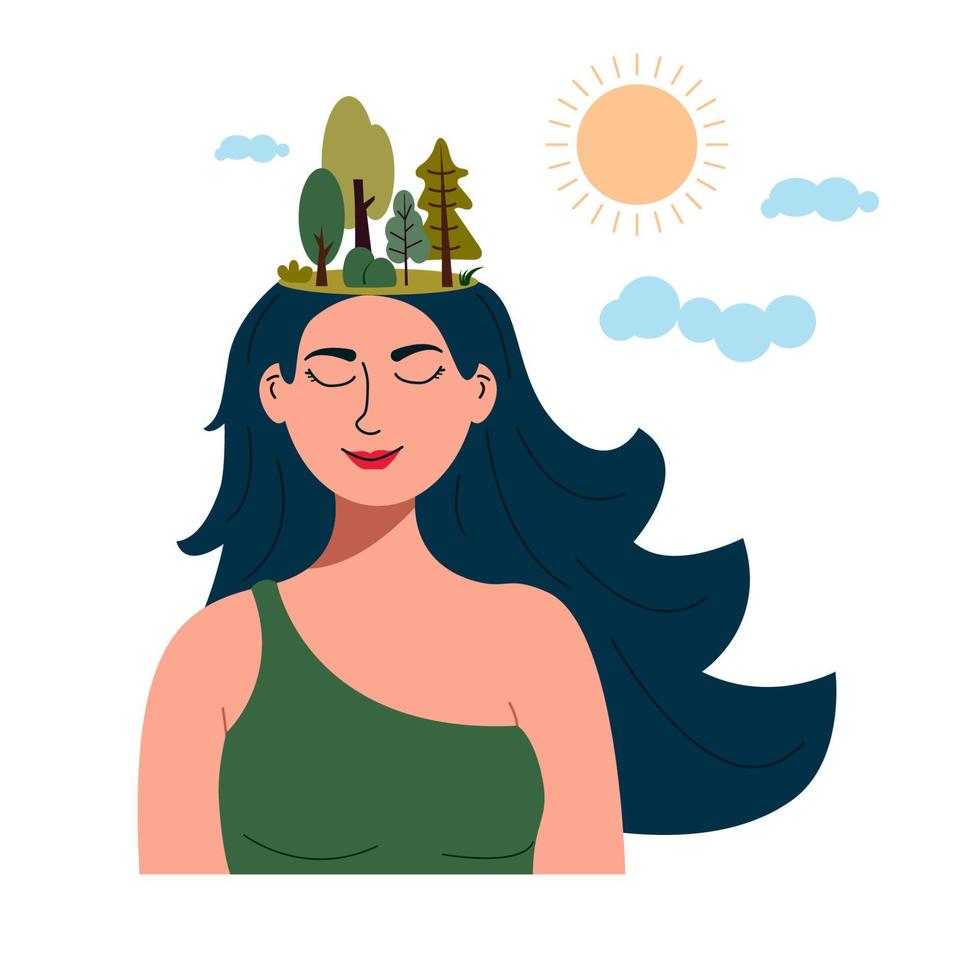 mujer feliz con árboles en crecimiento de su cabeza. concepto de amor por la naturaleza y la protección del medio ambiente. ilustración de vector plano de color
