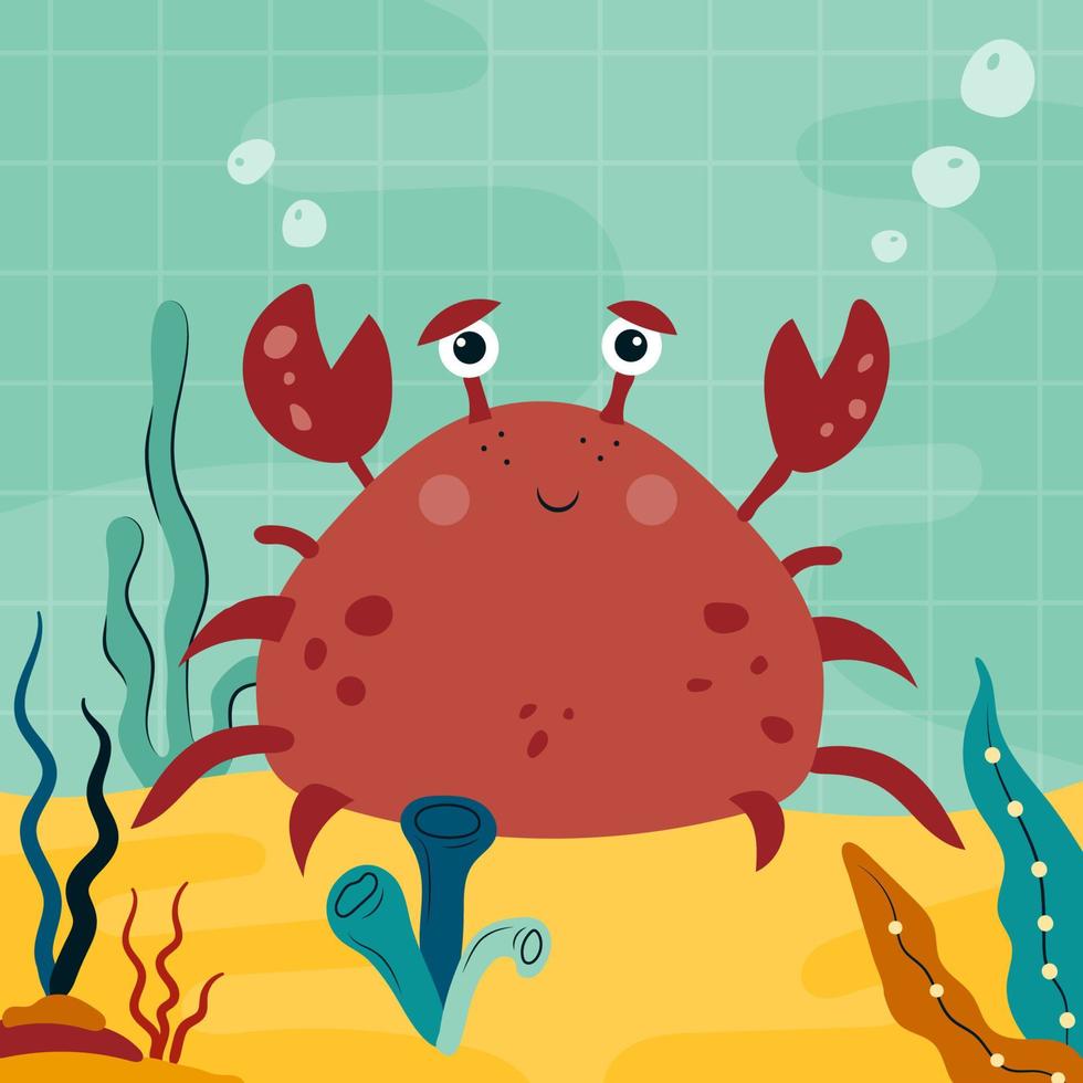 Cute happy cartoon crab character. Colorful vector illustration for card, kids print, poster, book page, fabric