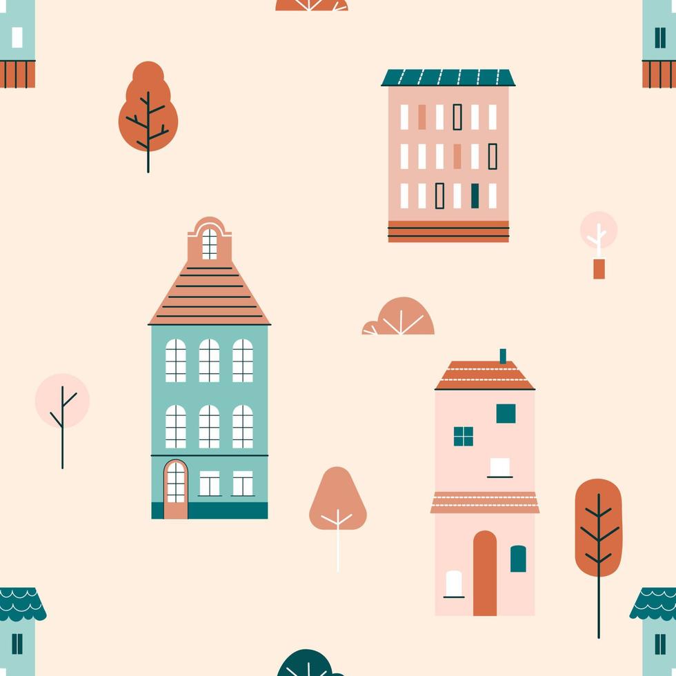 Cute Scandinavian houses seamless pattern background. Kids repeating print with homes, bushes, trees. Nordic stylized buildings city texture design. Color flat vector illustration