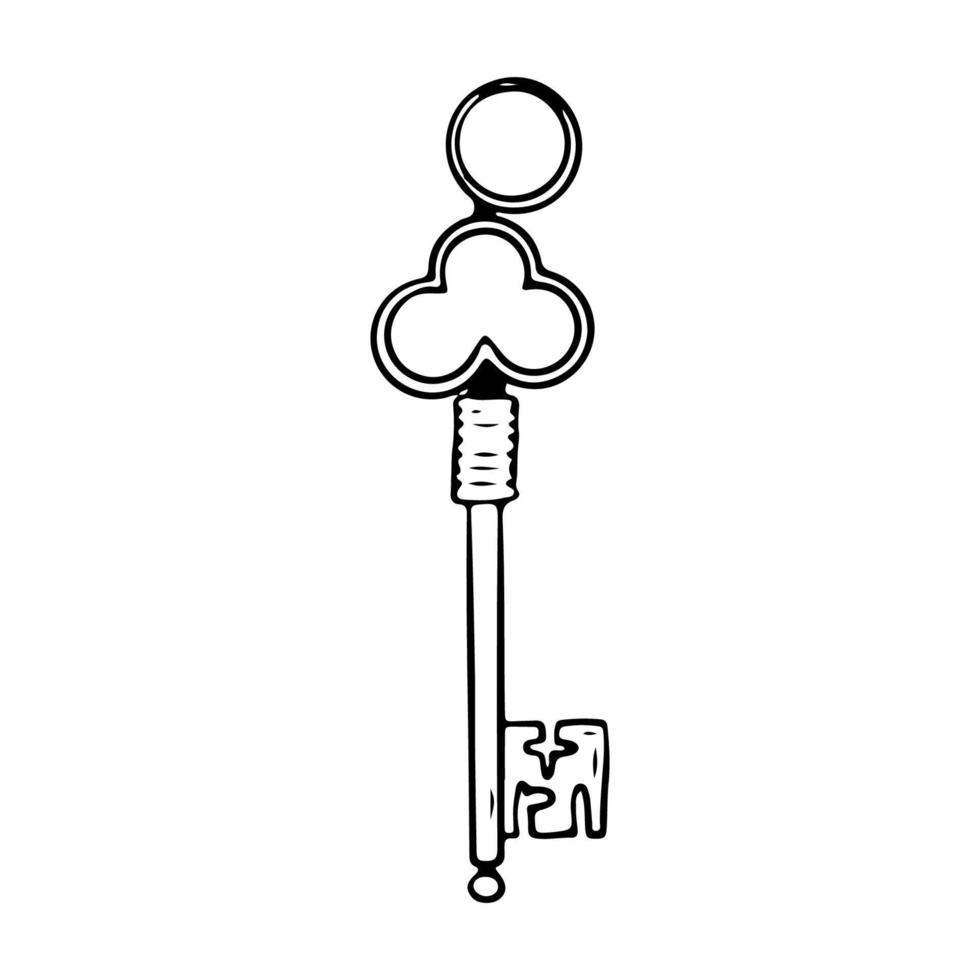 Doodle vintage antique key icon. Cartoon comic sketch style. Retro old key with ornate head. Black vector illustration isolated on white background