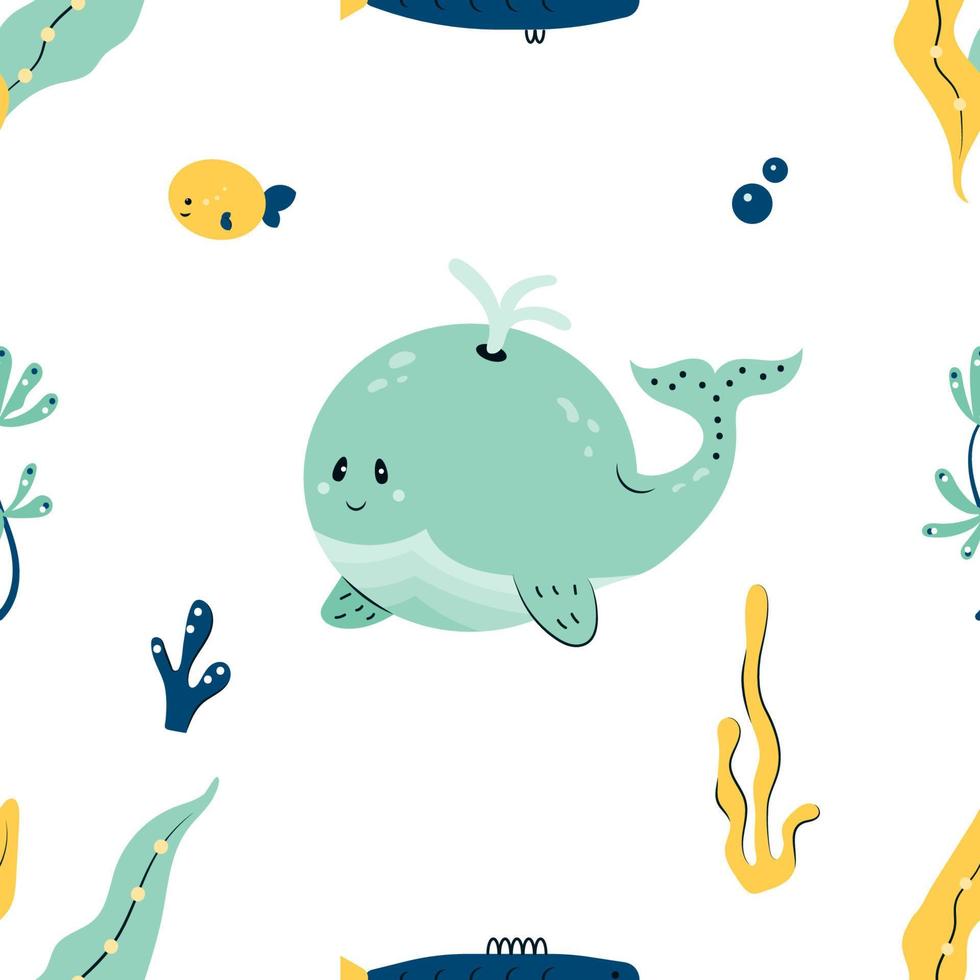 patrón impecable con lindas ballenas, peces y plantas marinas. colorida textura infantil. fondo de criaturas submarinas de verano para paquete, papel de regalo, impresión, tarjeta, tela, textil, papel pintado. vector