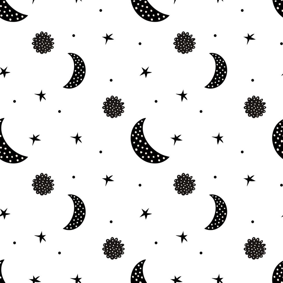 patrón de estrella de flor de luna de garabato dibujado a mano. lindo fondo de patrón sin costuras de vector de media luna negra en estilo escandinavo para impresión de moda