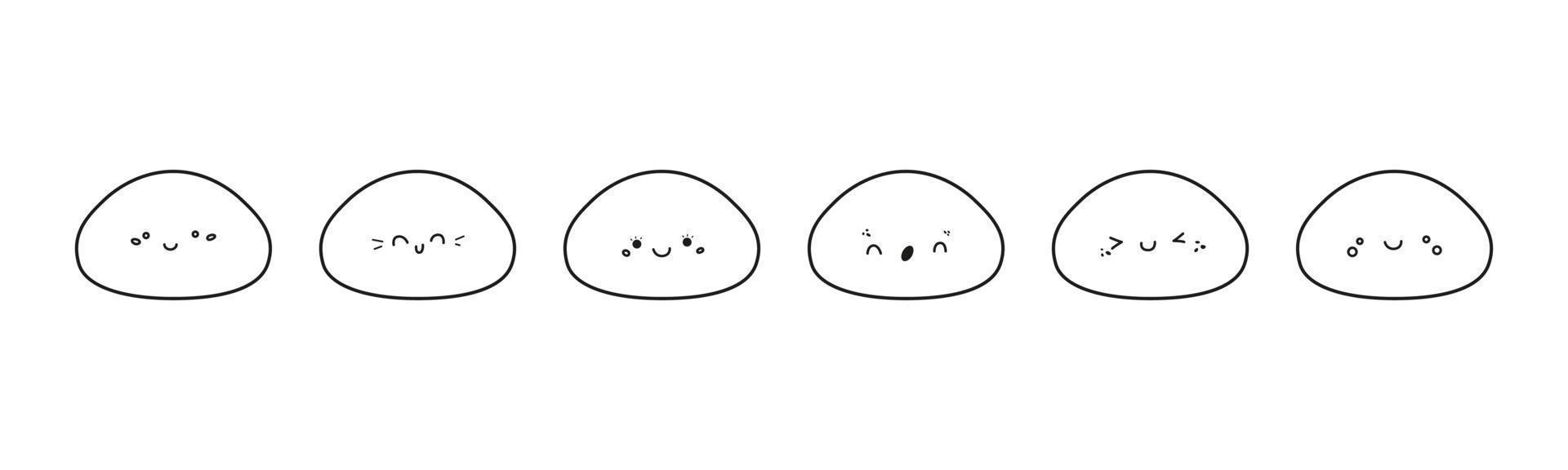 lindo conjunto de vectores de iconos mochi. personajes de dibujos animados con varias caras kawaii. postre de arroz dulce japonés al estilo garabato. Ilustración del logotipo de mochi aislado sobre fondo blanco.