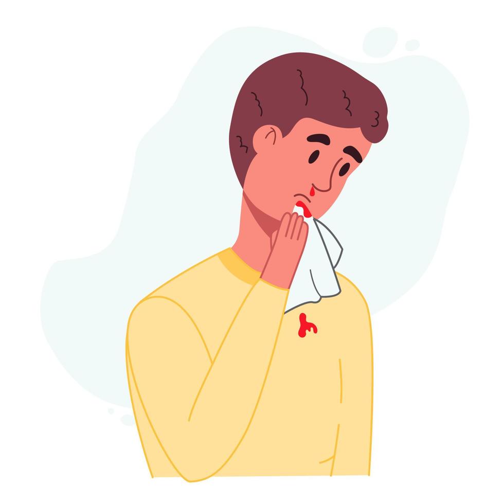 Man has a nosebleed. Young male character tilted his head forward and applied napkin to his bloody nose. Health problem concept. Color flat vector illustration