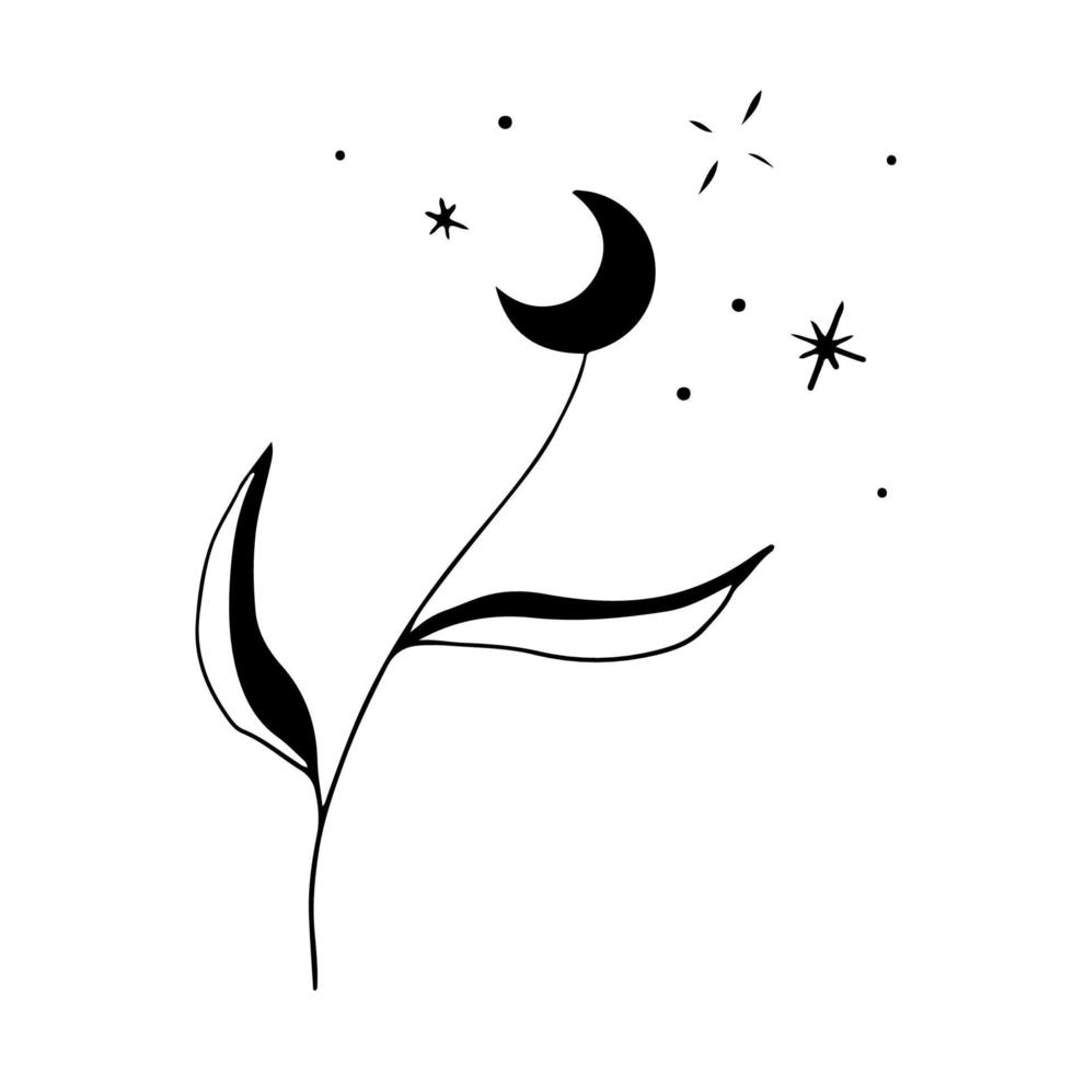 Crescent moon star leaf logo icon. Beauty hand drawn logotype black illustration. Vector fashion minimalist boho design