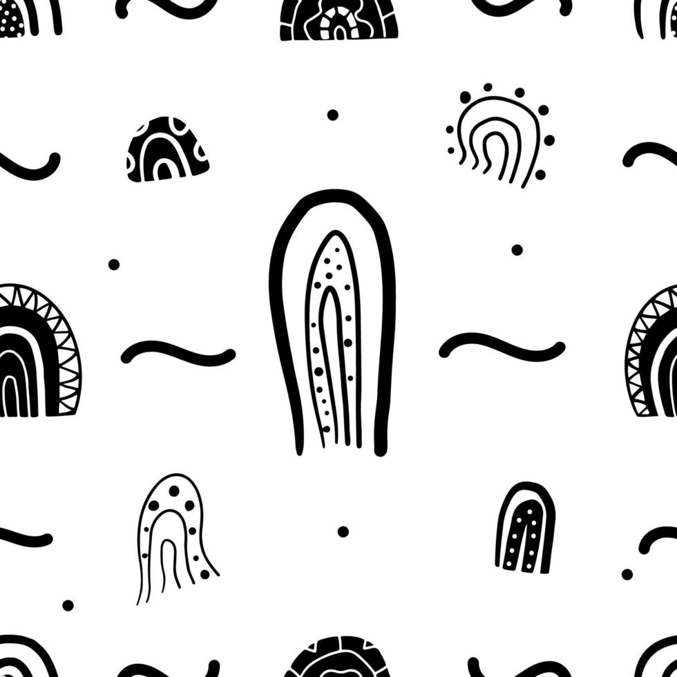 Hand drawn doodle rainbow pattern. Cute black rainbow vector seamless background in scandinavian style