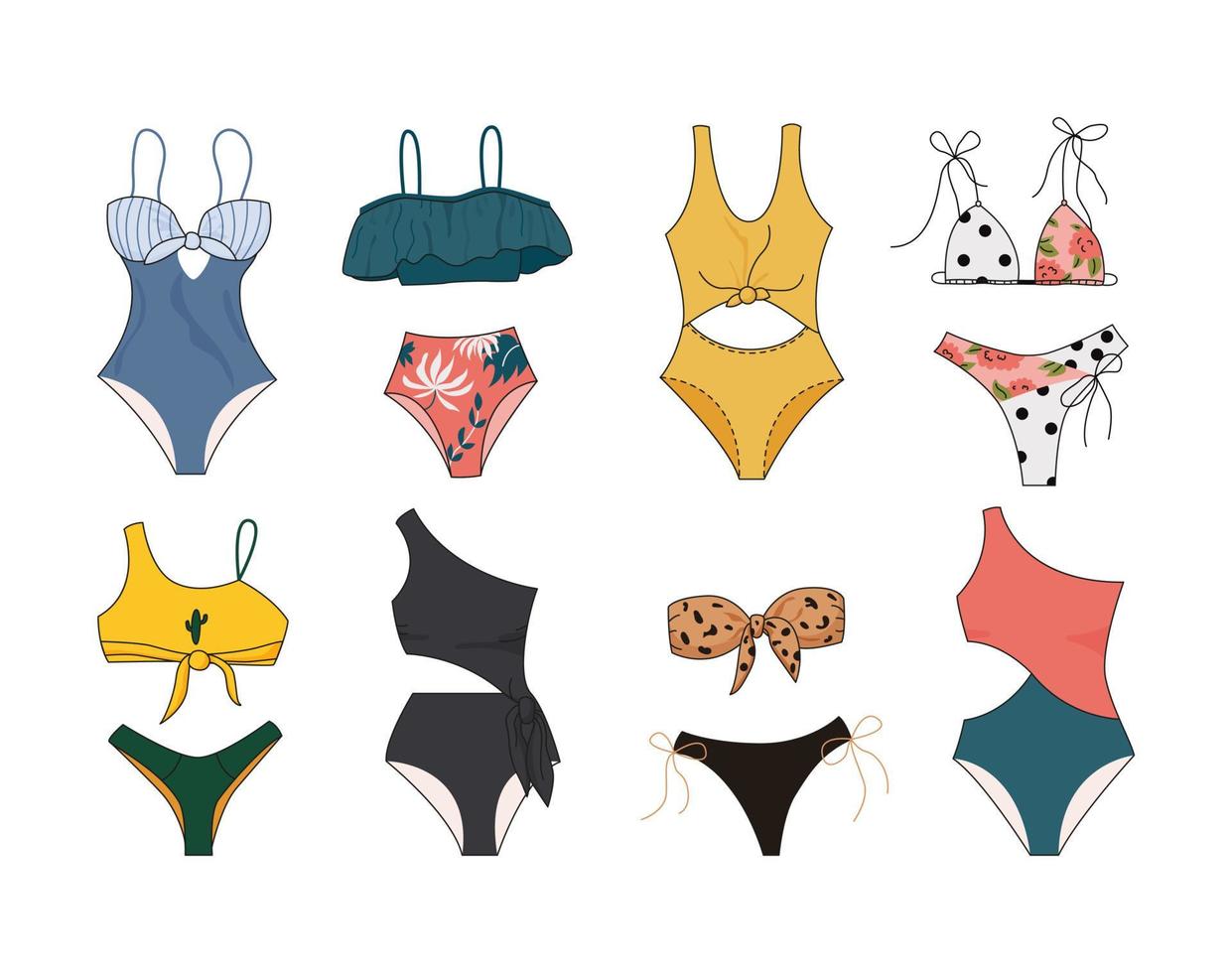 Collection of stylish women's swimwear on white background. Various fashionable summer models of underwear and bathing suits with bikini tops, shorts and one-piece swimsuits. Color vector illustration