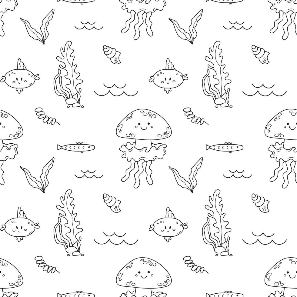 Cute seamless pattern of sea life, jellyfish, fish, shell, plant. Doodle sketch style. Underwater world hand drawn element. Vector illustration for wrapping, wallpaper, simple kids print