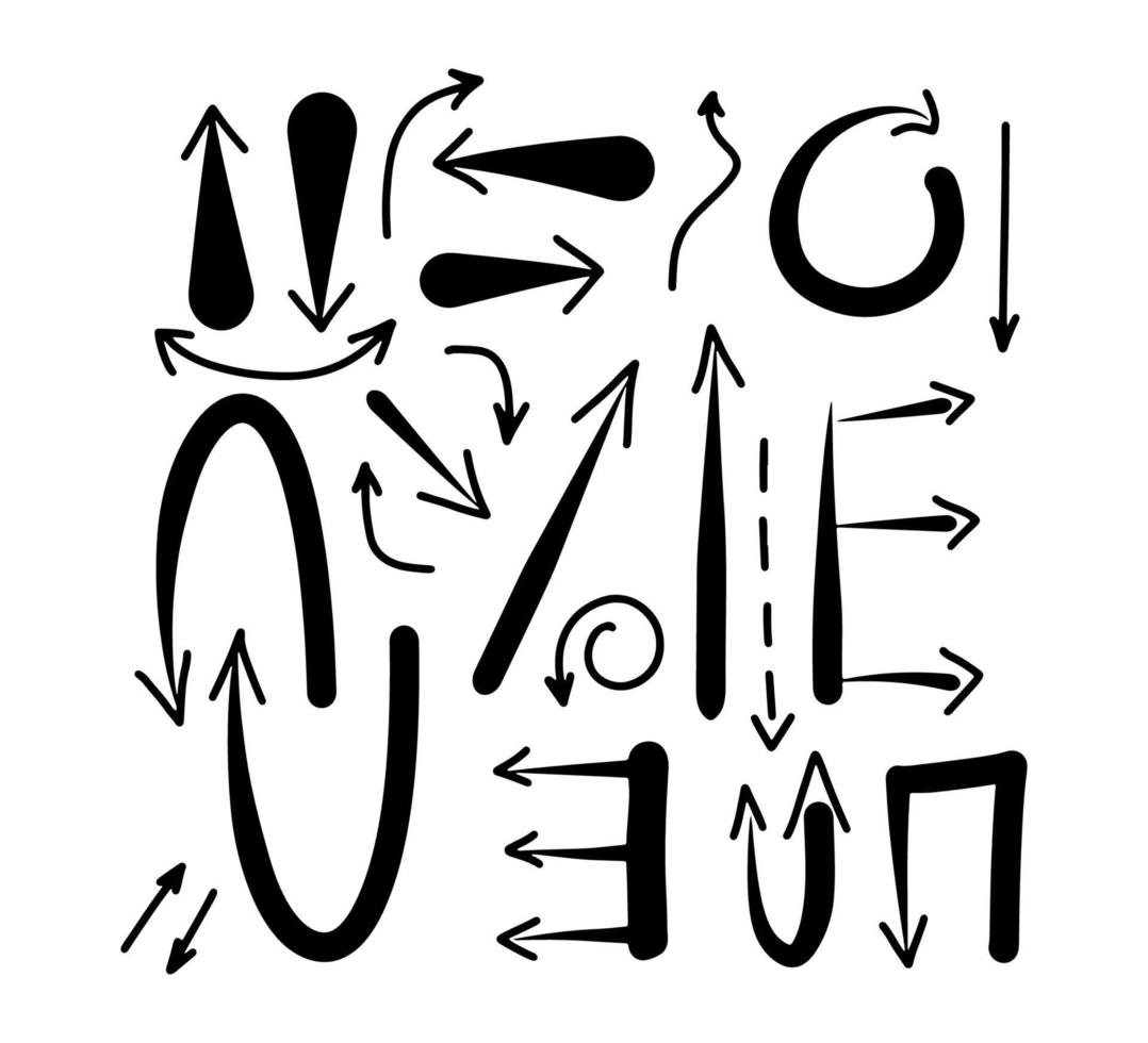 colección de flechas dibujadas a mano en estilo doodle. ilustración vectorial negra aislada sobre fondo blanco vector