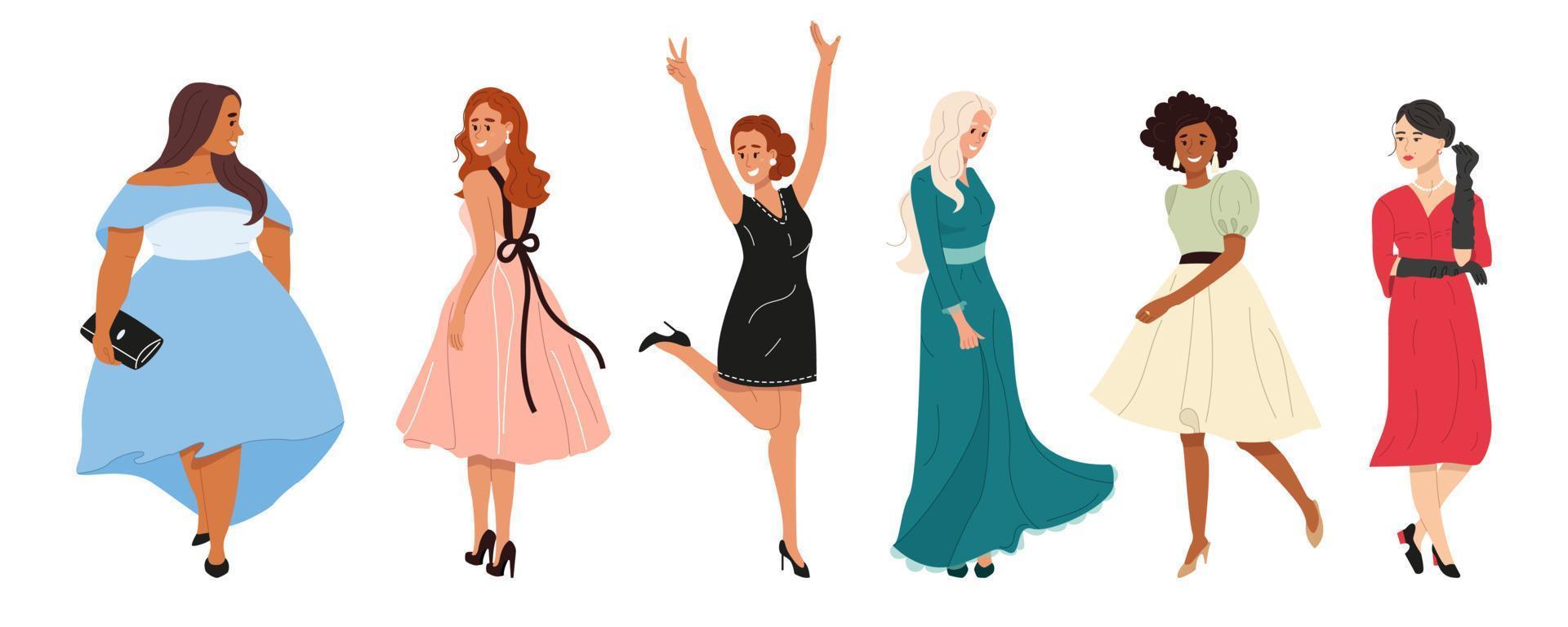 Set of beautiful diverse multicultural women in evening outfits. Fashion multiracial girls wearing different dresses. Flat vector illustration isolated on white background