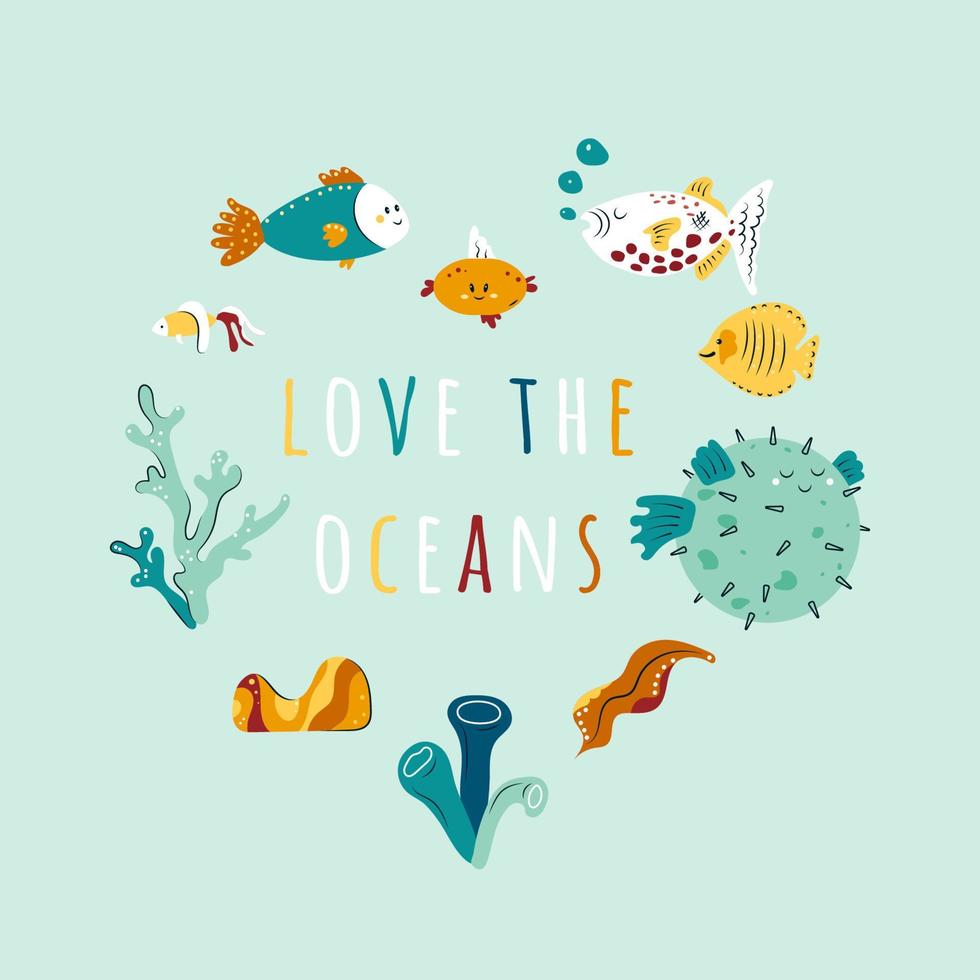 composición del corazón con animales marinos felices y criaturas submarinas que viven en el mar. lindos elementos de diseño con flora y fauna oceánica. ilustración de vector de dibujos animados plana para impresión de niños, papel de regalo