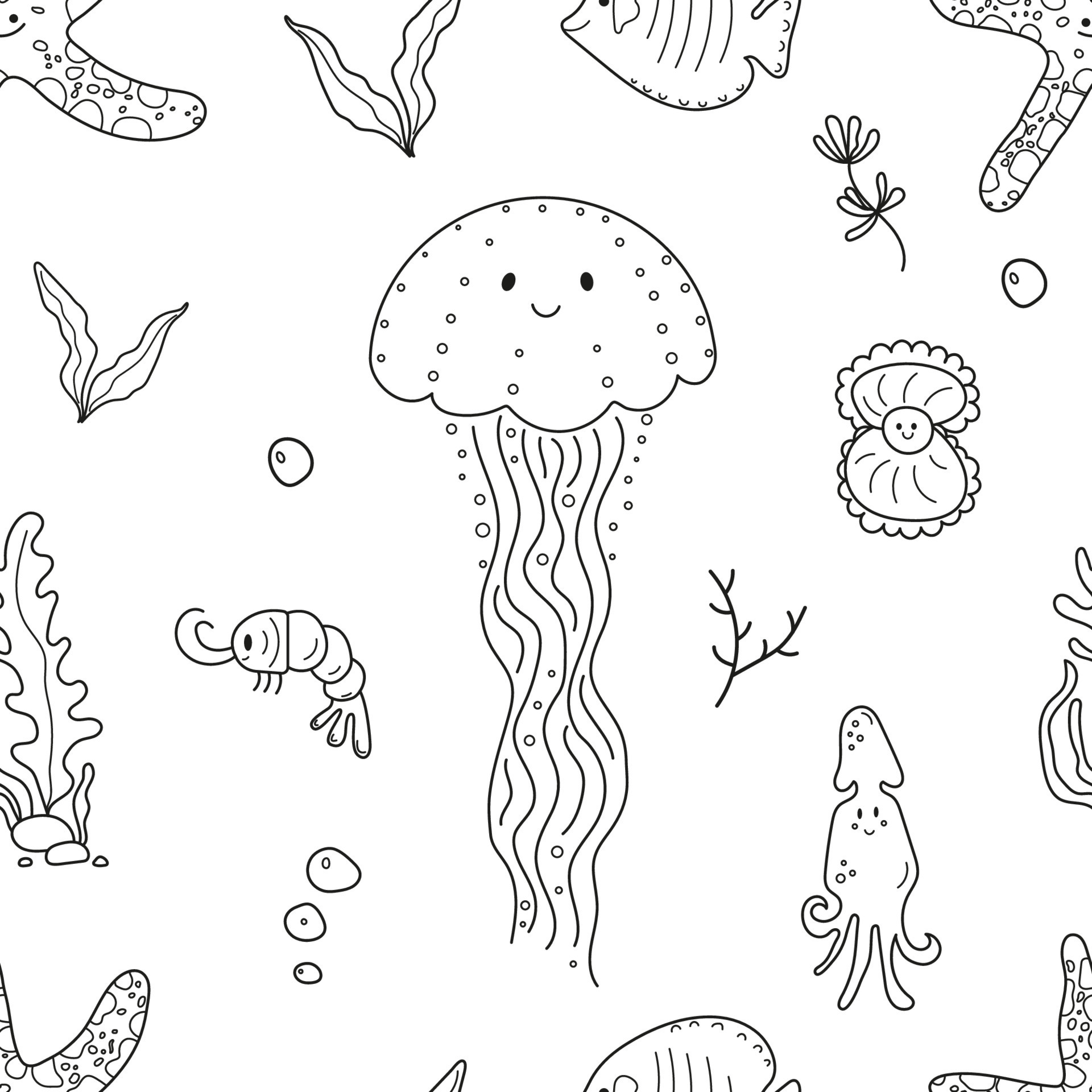 Cute seamless pattern of sea world, jellyfish, squid, shrimp, starfish.  Doodle sketch style. Marine life element drawn by hand. Vector illustration  for wrapping, wallpaper, simple kids print 9284884 Vector Art at Vecteezy