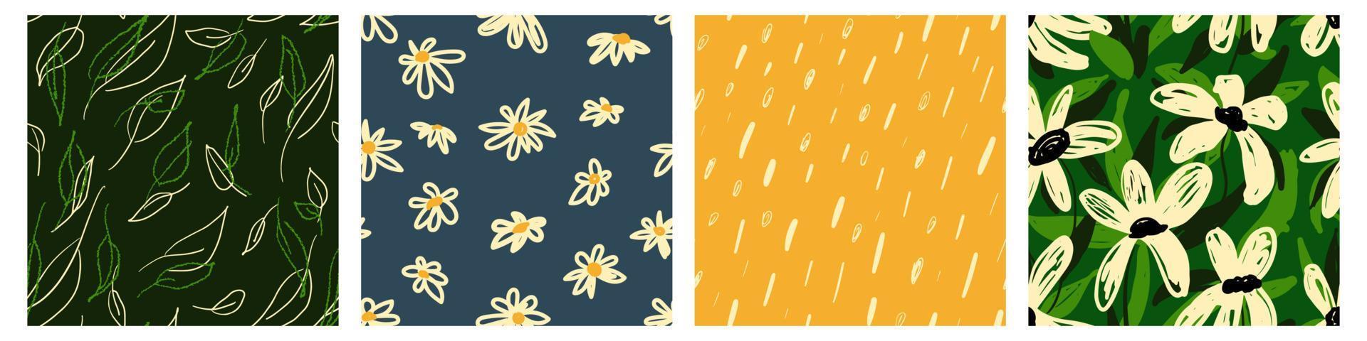 Abstract floral seamless patterns set with chamomile flowers. Fashion hand drawn textures. Modern abstract design for fabric, fashion print, wallpaper vector